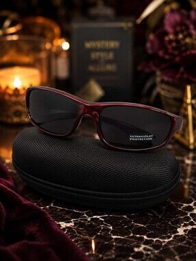 🕯 Y2K Burgundy Wrap Sunglasses UV400 Sport Rectangle Shades w/ Hard Case NWT